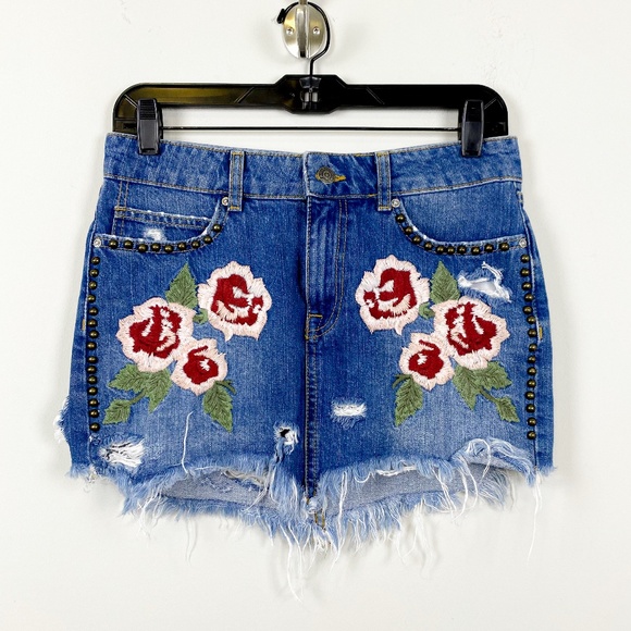 Free People Wild Rose Embroidered Denim Mini Skirt - Picture 2 of 14